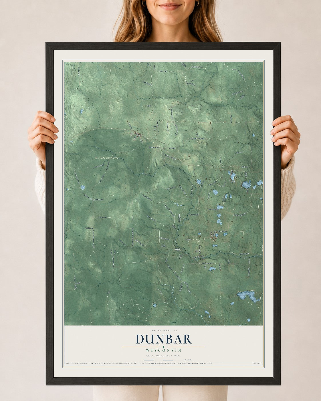 Map of Dunbar, Wisconsin, 24 x 36 inch print in a black wood frame