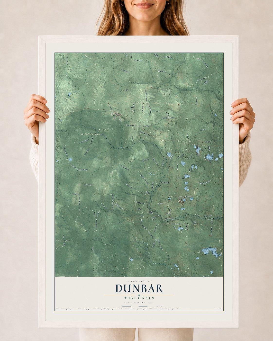 Map of Dunbar, Wisconsin, 24 x 36 inch print in a white wood frame