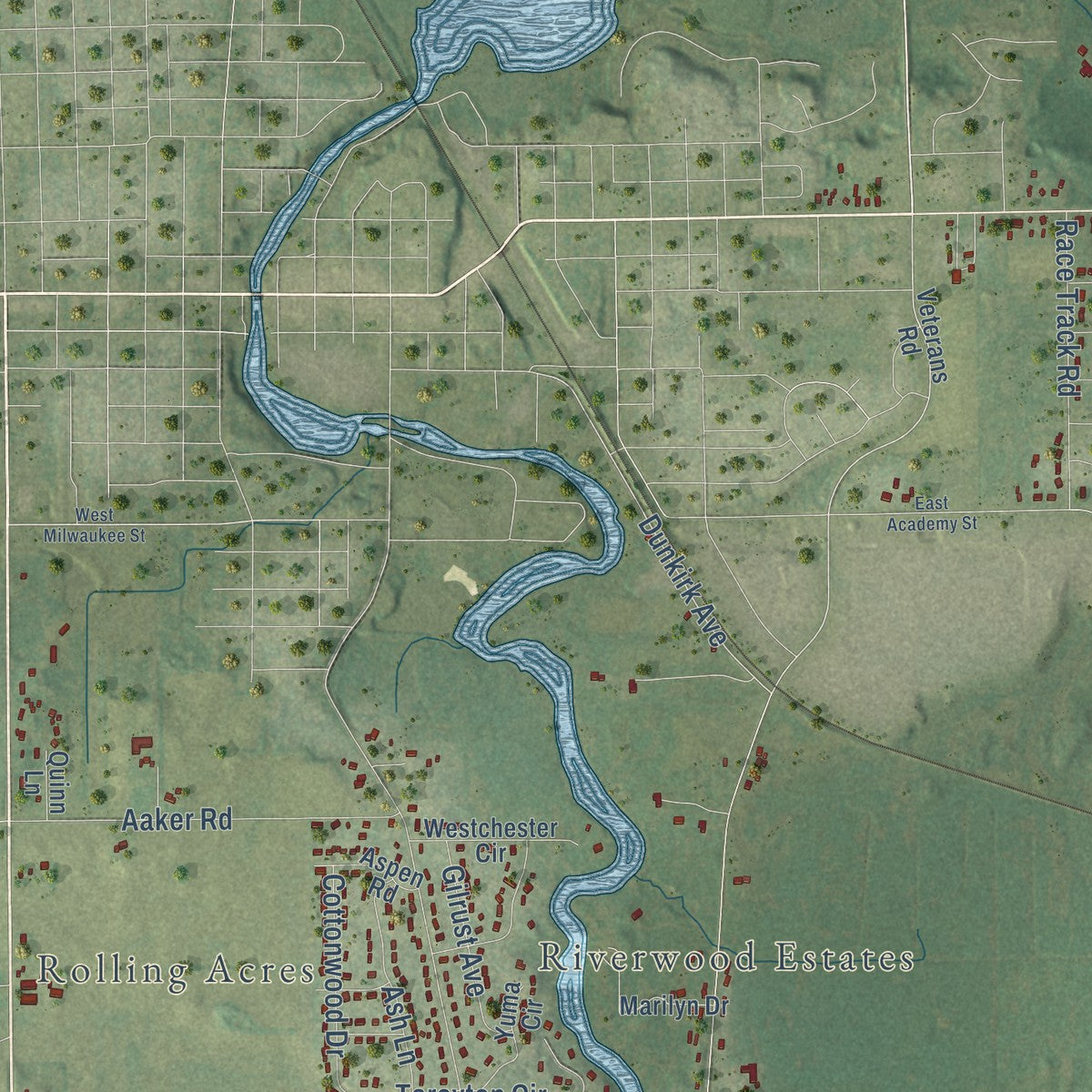 Close-up of the map of Dunkirk, Wisconsin print showing street and building detail