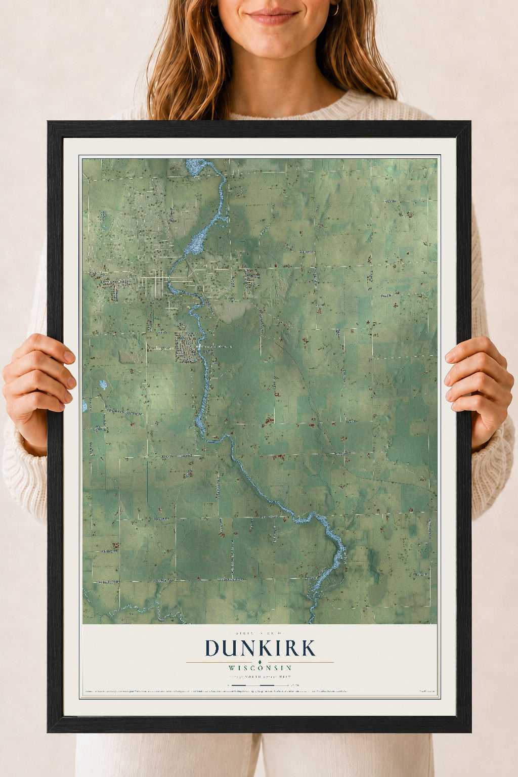 Map of Dunkirk, Wisconsin, 18 x 24 inch print in a black wood frame