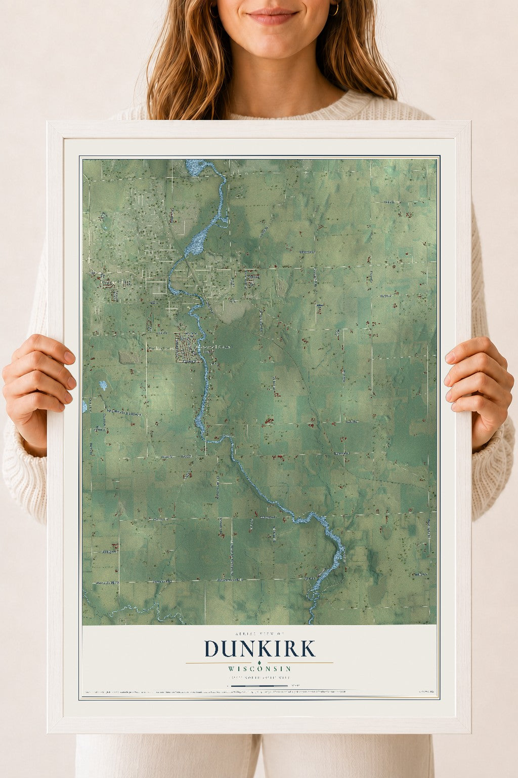 Map of Dunkirk, Wisconsin, 18 x 24 inch print in a white wood frame