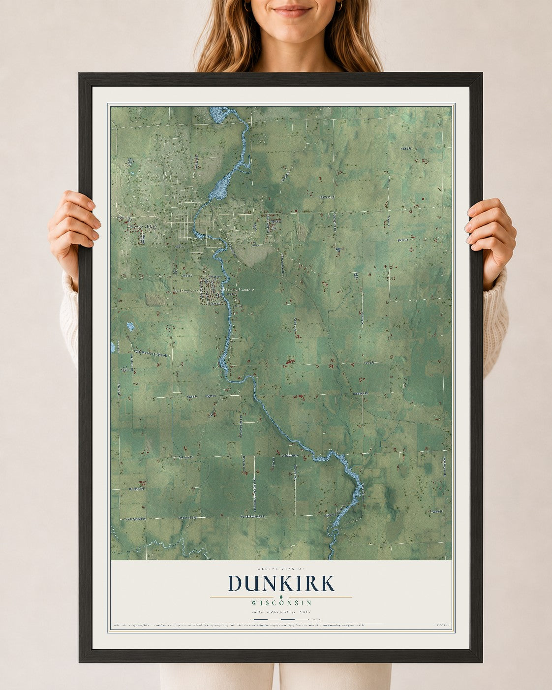 Map of Dunkirk, Wisconsin, 24 x 36 inch print in a black wood frame