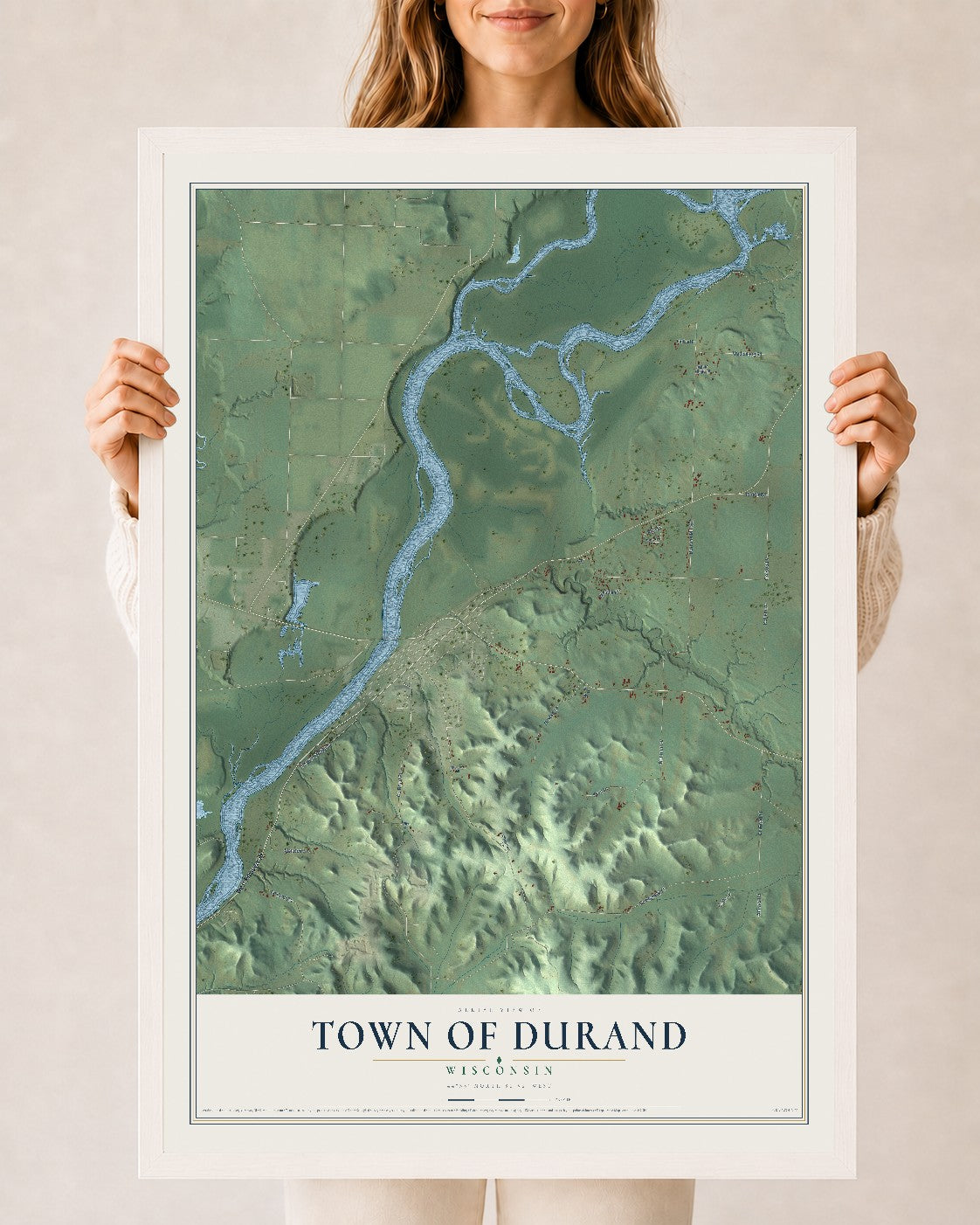 Map of the Town of Durand, Wisconsin, 24 x 36 inch print in a white wood frame