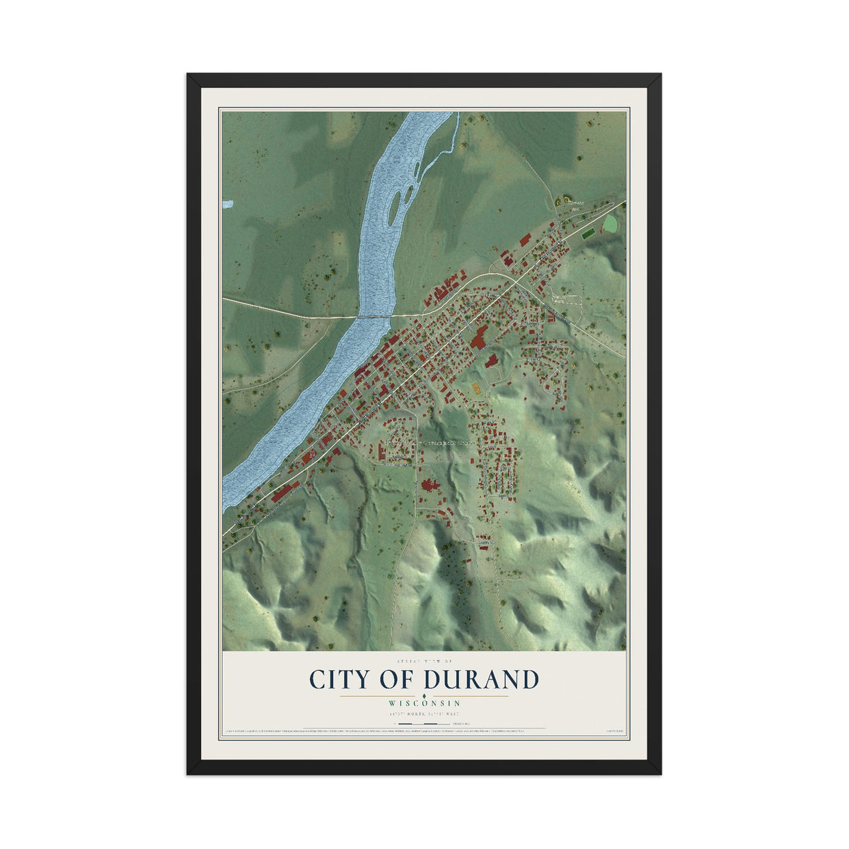 Map of Durand, Wisconsin, 12 x 18 inch print in a black wood frame