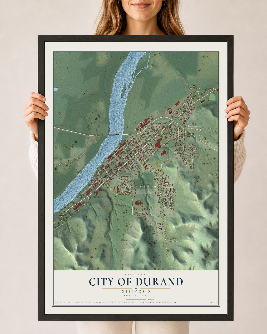 Map of Durand, Wisconsin, 24 x 36 inch print in a black wood frame