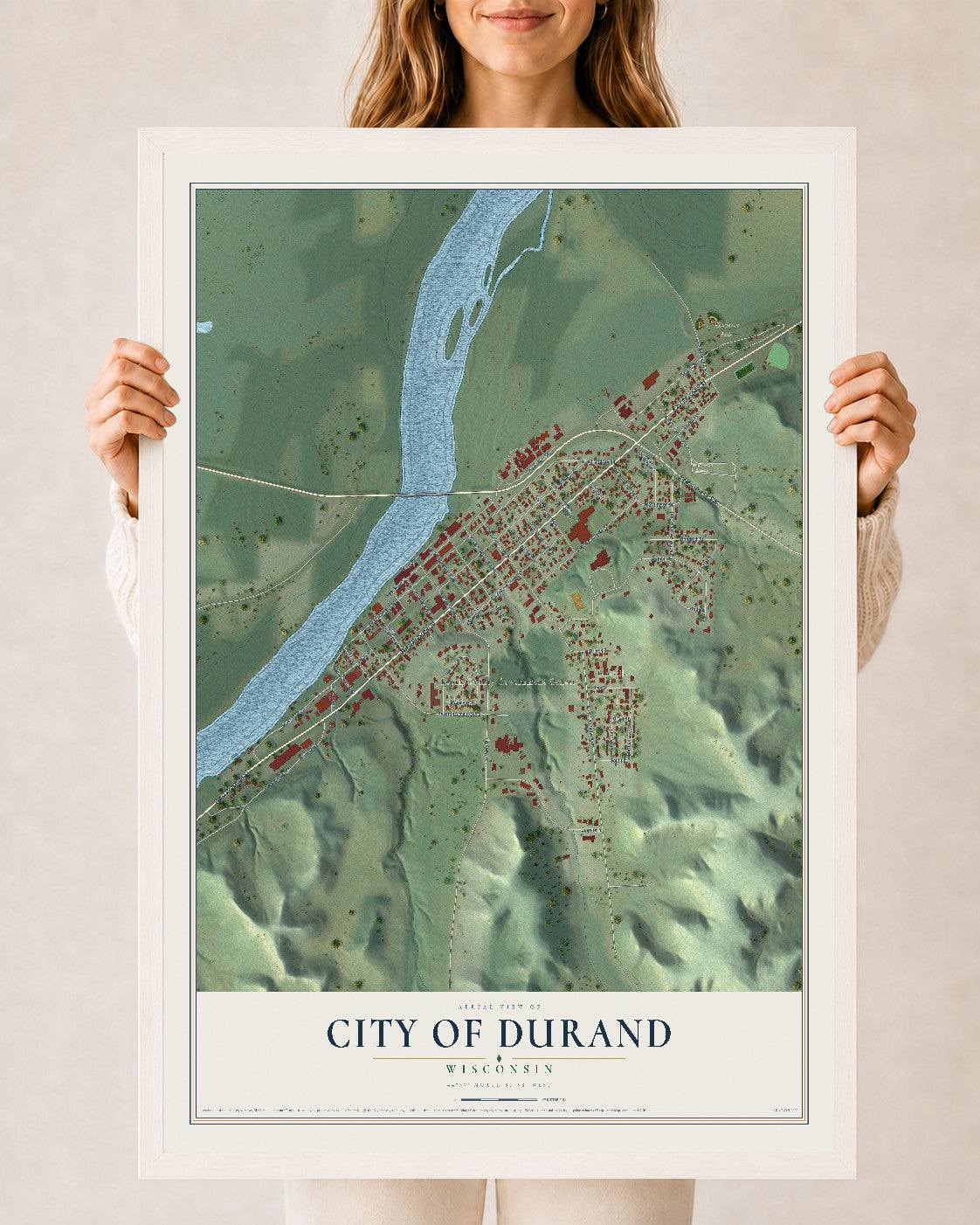 Map of Durand, Wisconsin, 24 x 36 inch print in a white wood frame