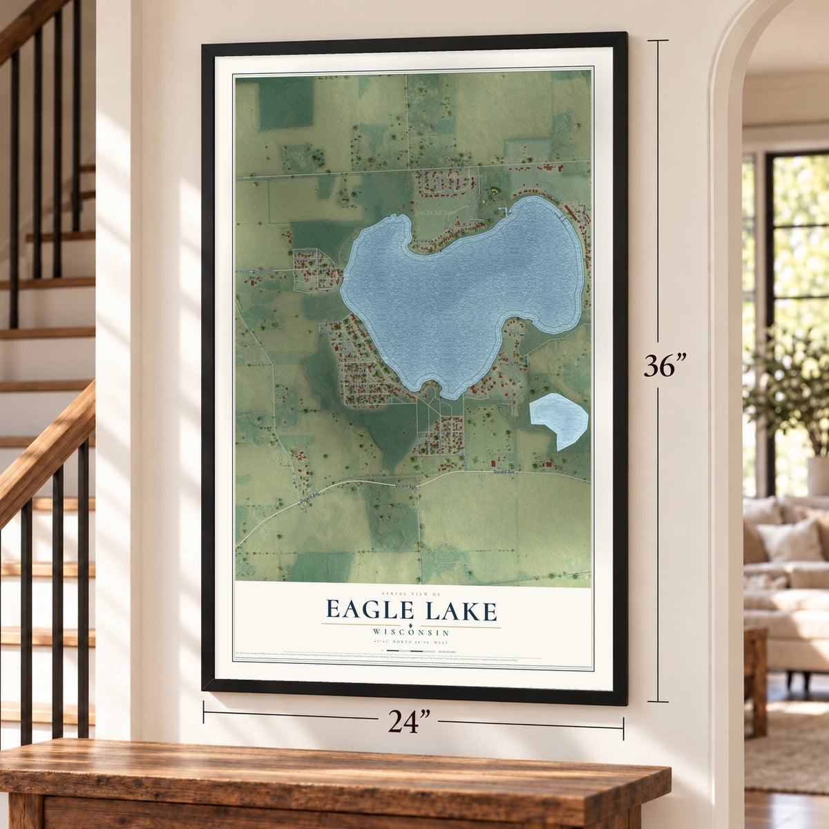 Eagle Lake, Wisconsin map, 24 x 36 inch print in a black frame by a staircase