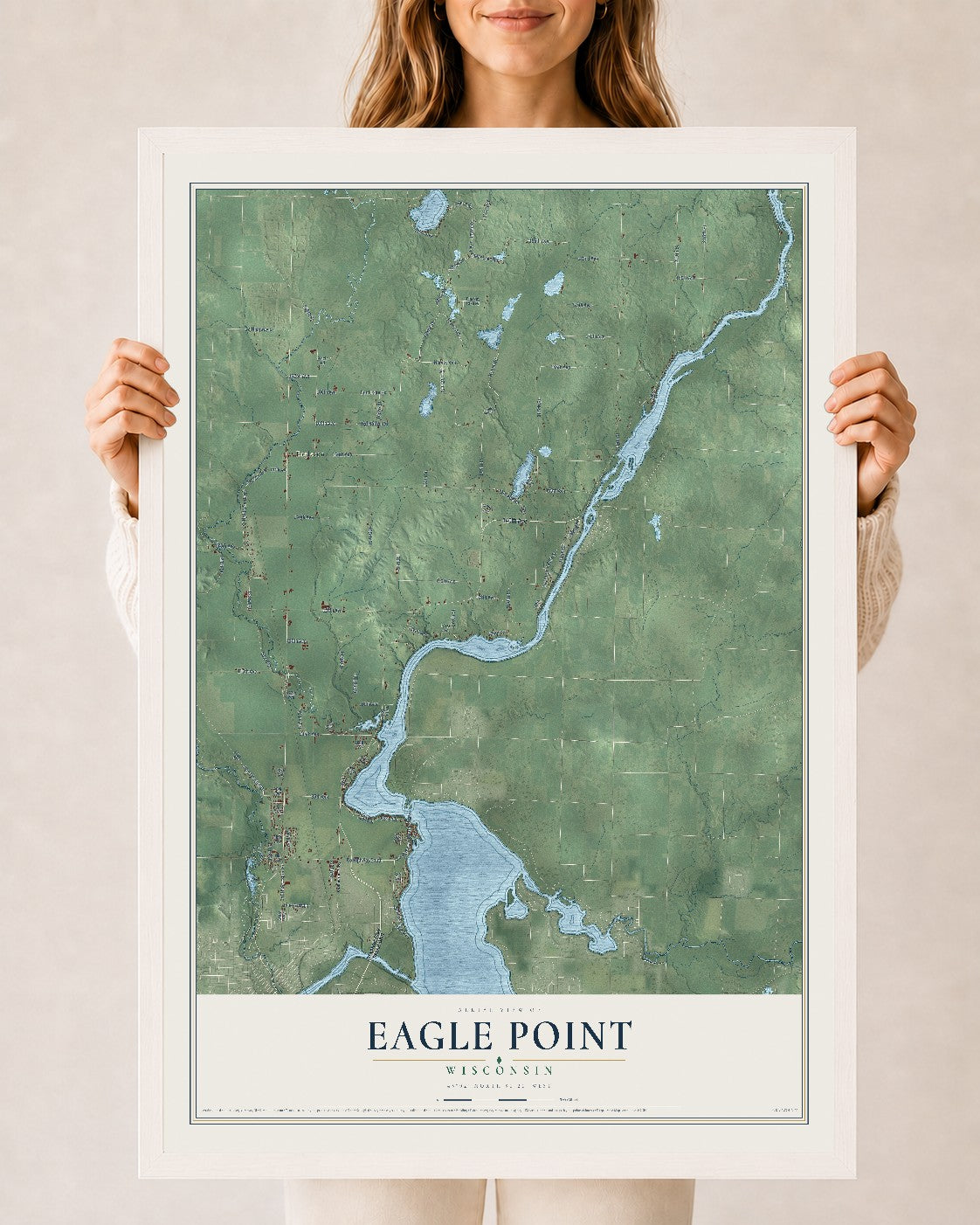 Map of Eagle Point, Wisconsin, 24 x 36 inch print in a white wood frame