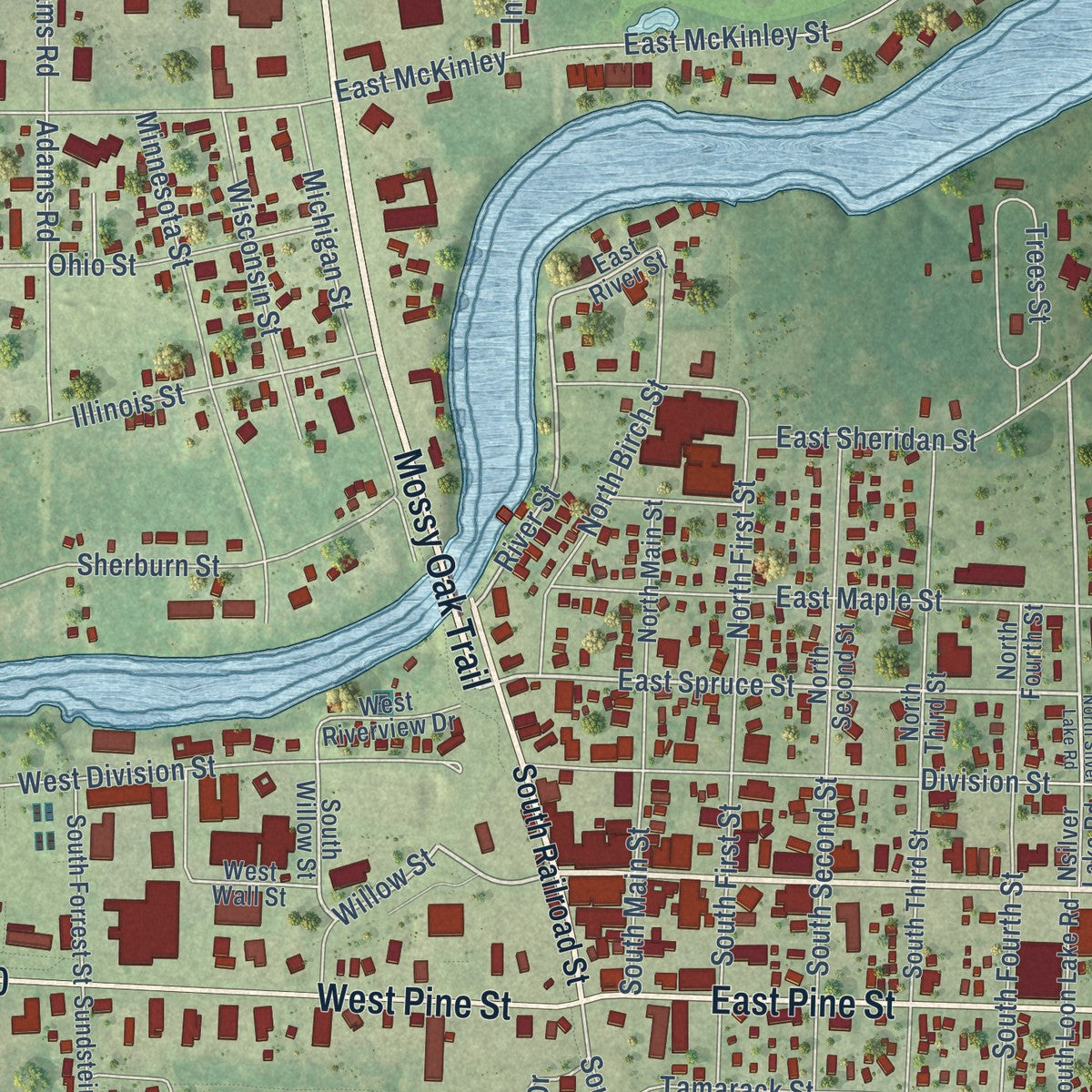 Close-up of the map of Eagle River, Wisconsin print showing street and building detail