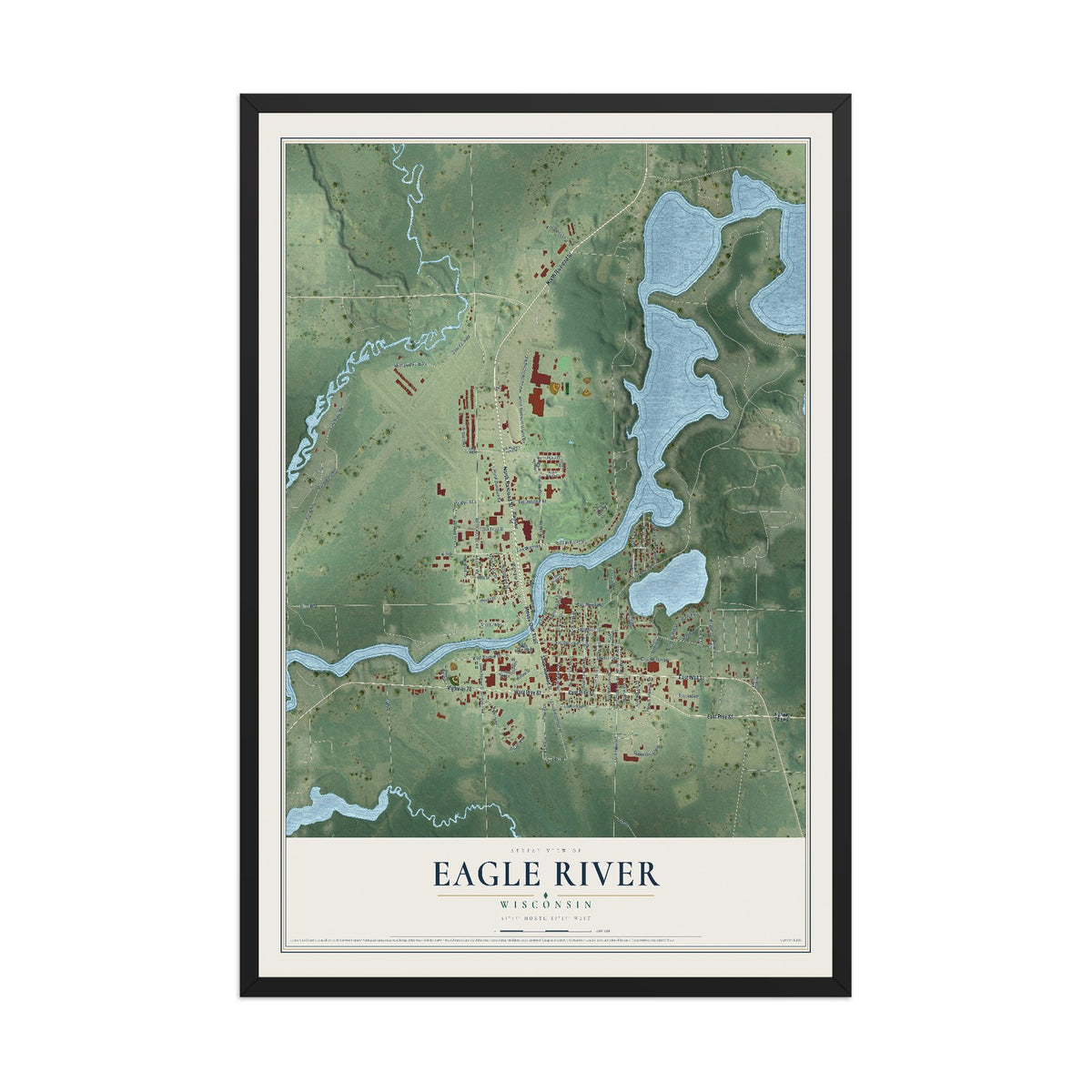 Map of Eagle River, Wisconsin, 12 x 18 inch print in a black wood frame