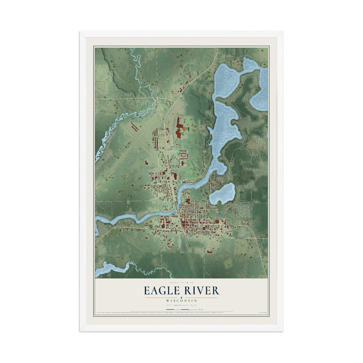 Map of Eagle River, Wisconsin, 12 x 18 inch print in a white wood frame