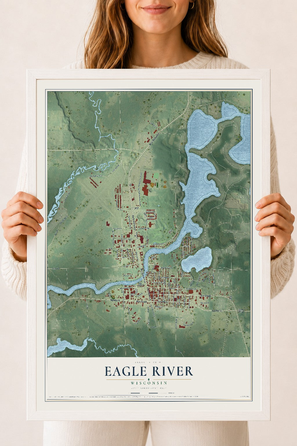 Map of Eagle River, Wisconsin, 18 x 24 inch print in a white wood frame