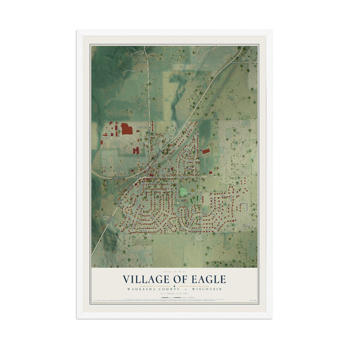 Map of Eagle, Wisconsin, 12 x 18 inch print in a white wood frame