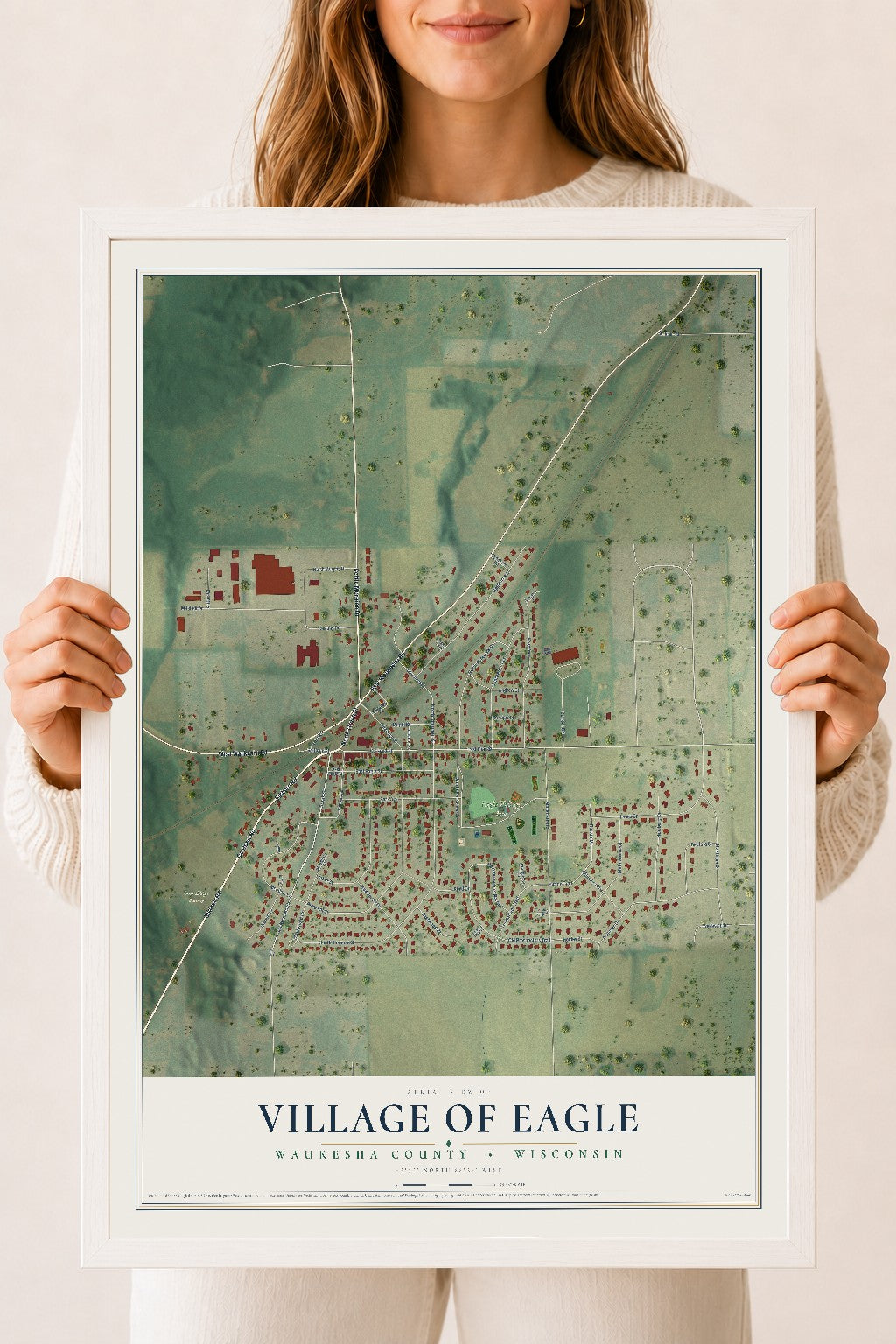 Map of Eagle, Wisconsin, 18 x 24 inch print in a white wood frame