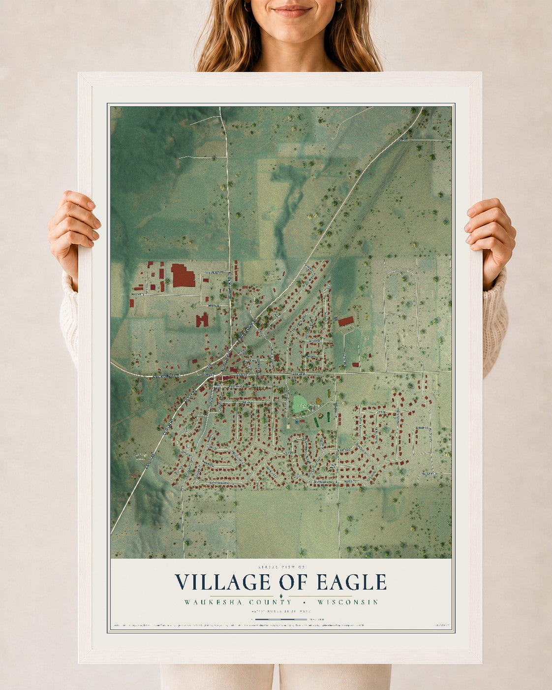 Map of Eagle, Wisconsin, 24 x 36 inch print in a white wood frame