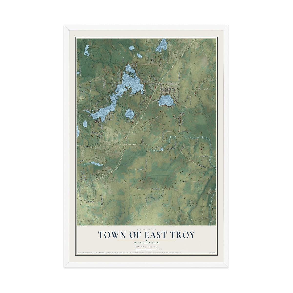 Map of the Town of East Troy, Wisconsin, 12 x 18 inch print in a white wood frame