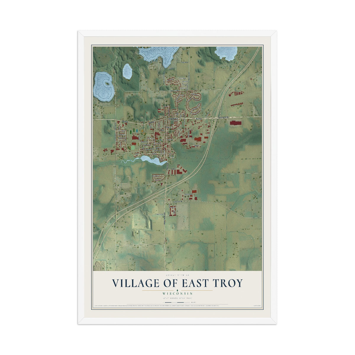 Map of East Troy, Wisconsin, 12 x 18 inch print in a white wood frame