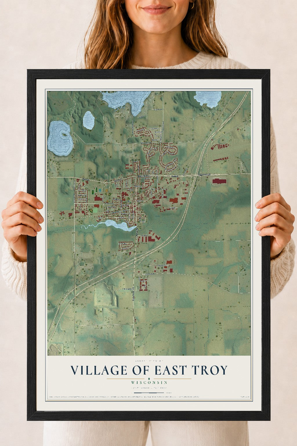 Map of East Troy, Wisconsin, 18 x 24 inch print in a black wood frame