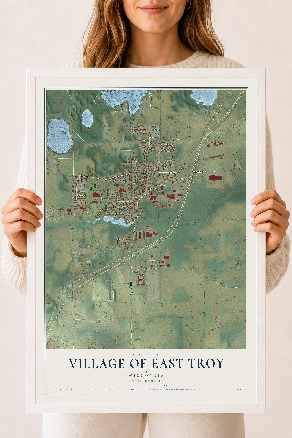 Map of East Troy, Wisconsin, 18 x 24 inch print in a white wood frame