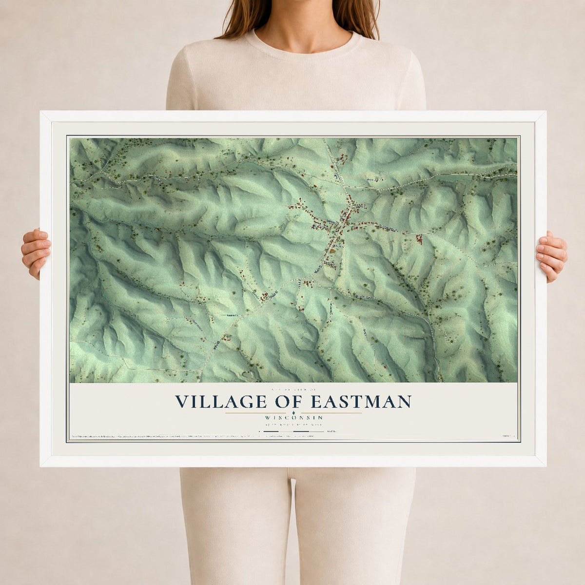 Map of Eastman, Wisconsin, 24 x 36 inch print in a white wood frame