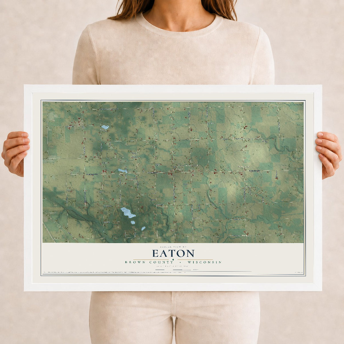 Map of Eaton, Brown County, Wisconsin, 12 x 18 inch print in a white wood frame