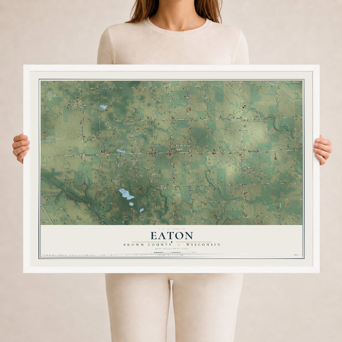 Map of Eaton, Brown County, Wisconsin, 24 x 36 inch print in a white wood frame