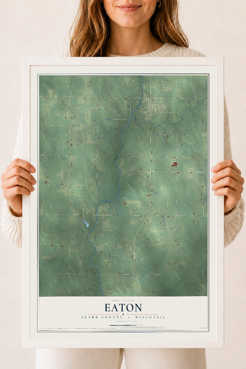 Map of Eaton, Clark County, Wisconsin, 18 x 24 inch print in a white wood frame