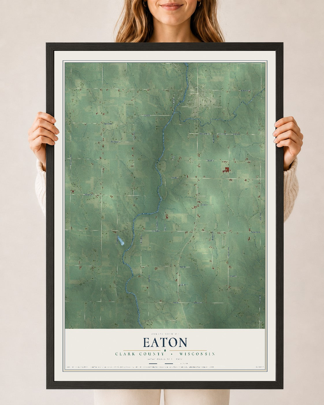 Map of Eaton, Clark County, Wisconsin, 24 x 36 inch print in a black wood frame