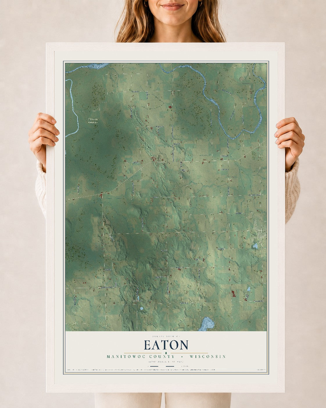 Map of Eaton, Manitowoc County, Wisconsin, 24 x 36 inch print in a white wood frame