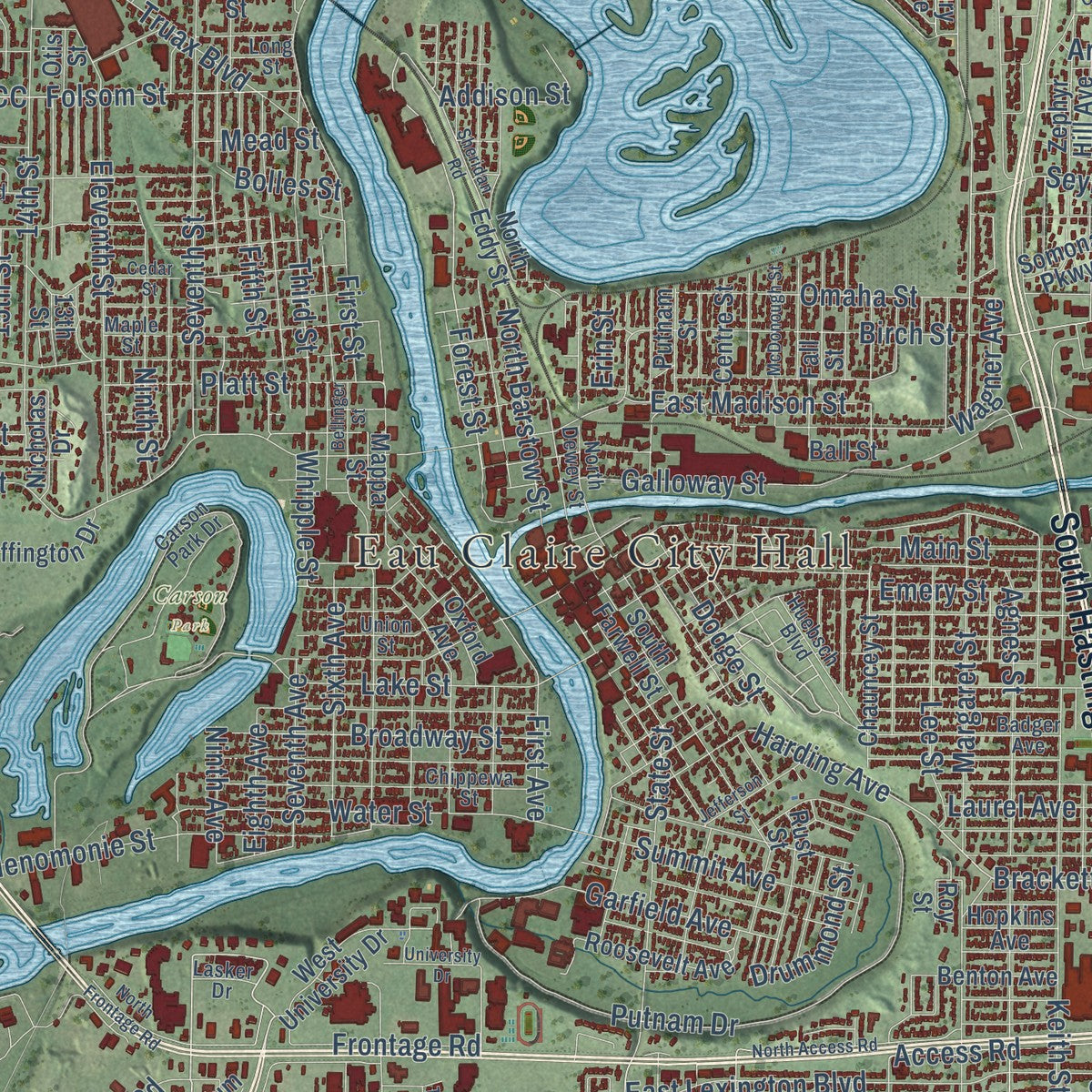 Close-up of the map of Eau Claire, Wisconsin print showing street and building detail
