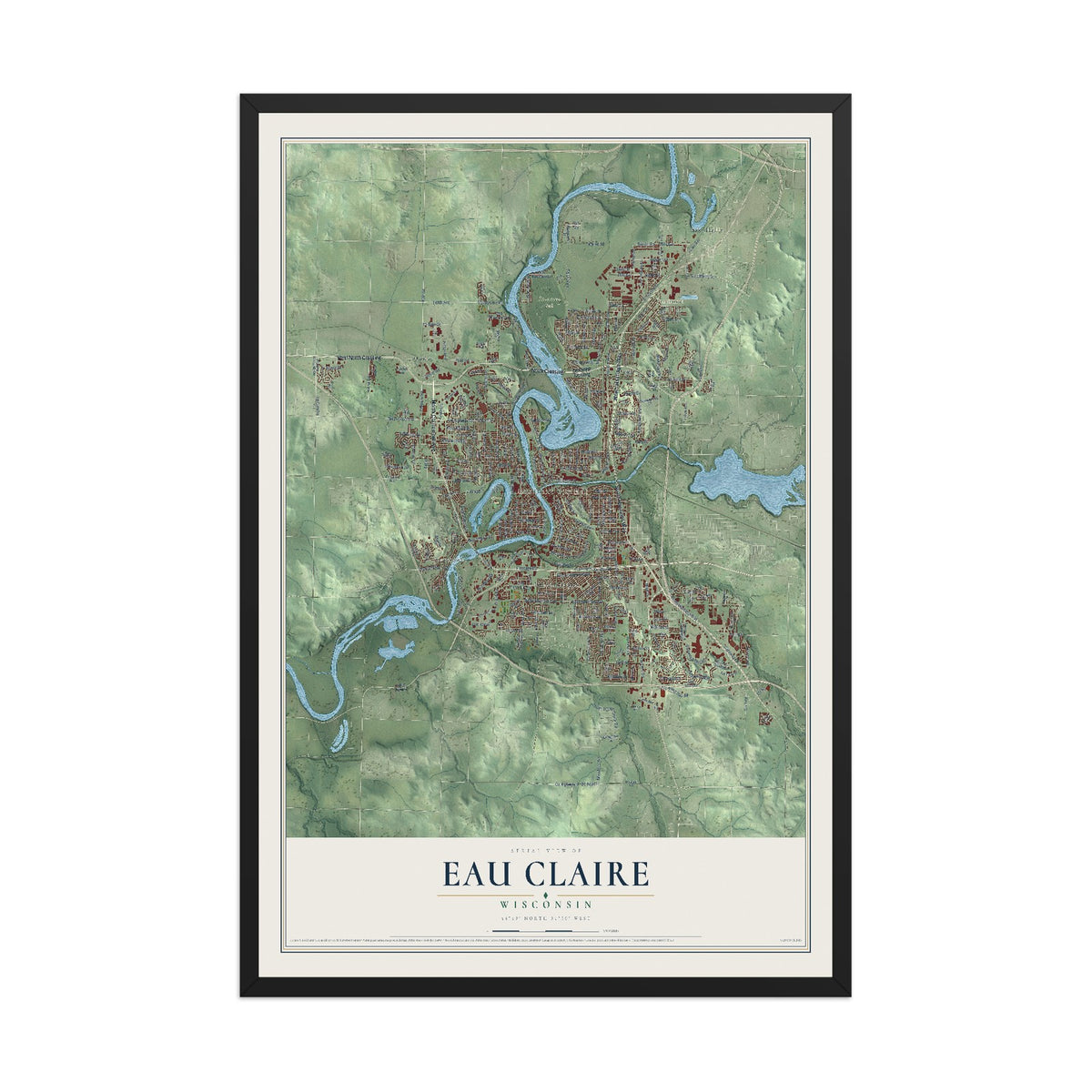 Map of Eau Claire, Wisconsin, 12 x 18 inch print in a black wood frame