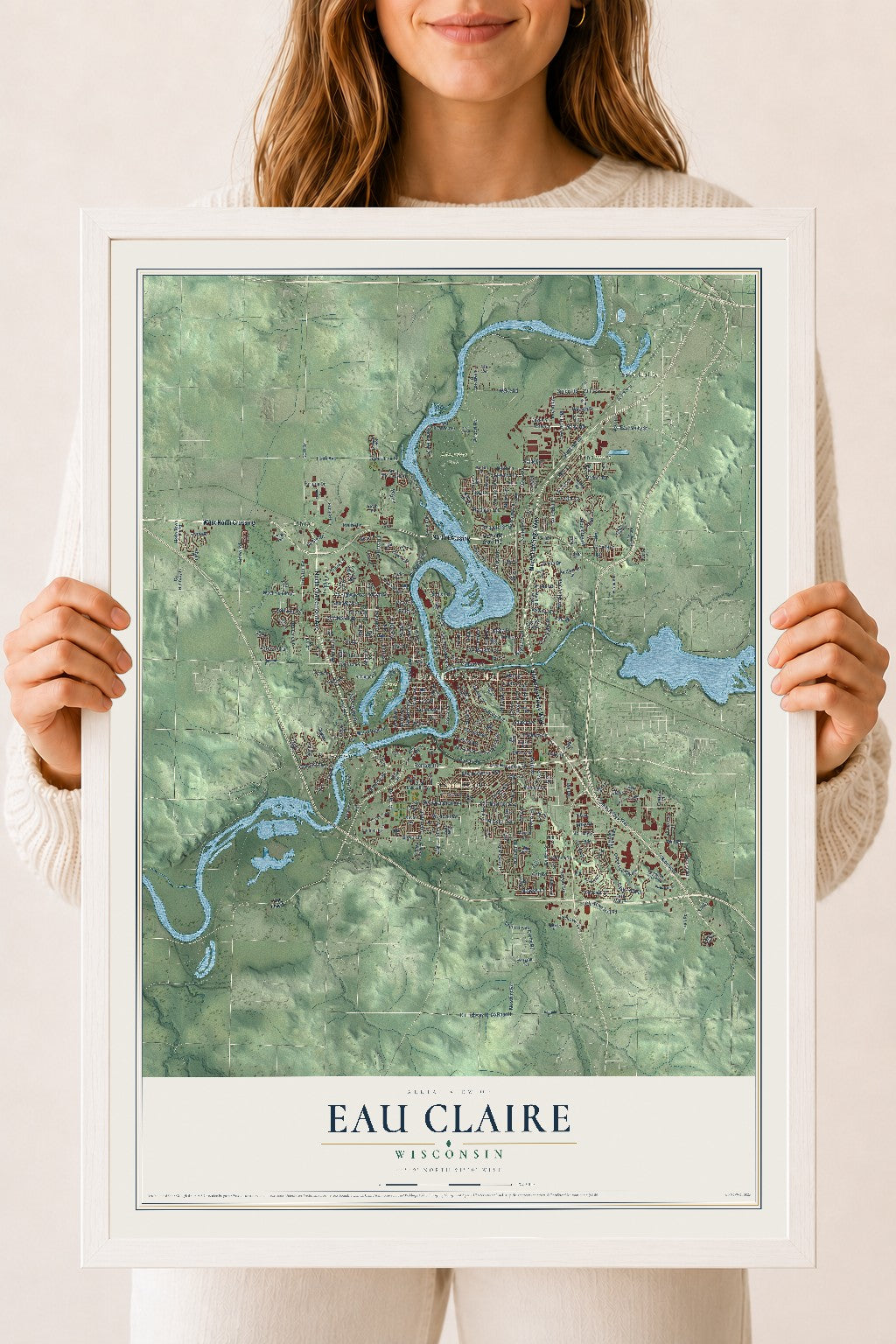Map of Eau Claire, Wisconsin, 18 x 24 inch print in a white wood frame