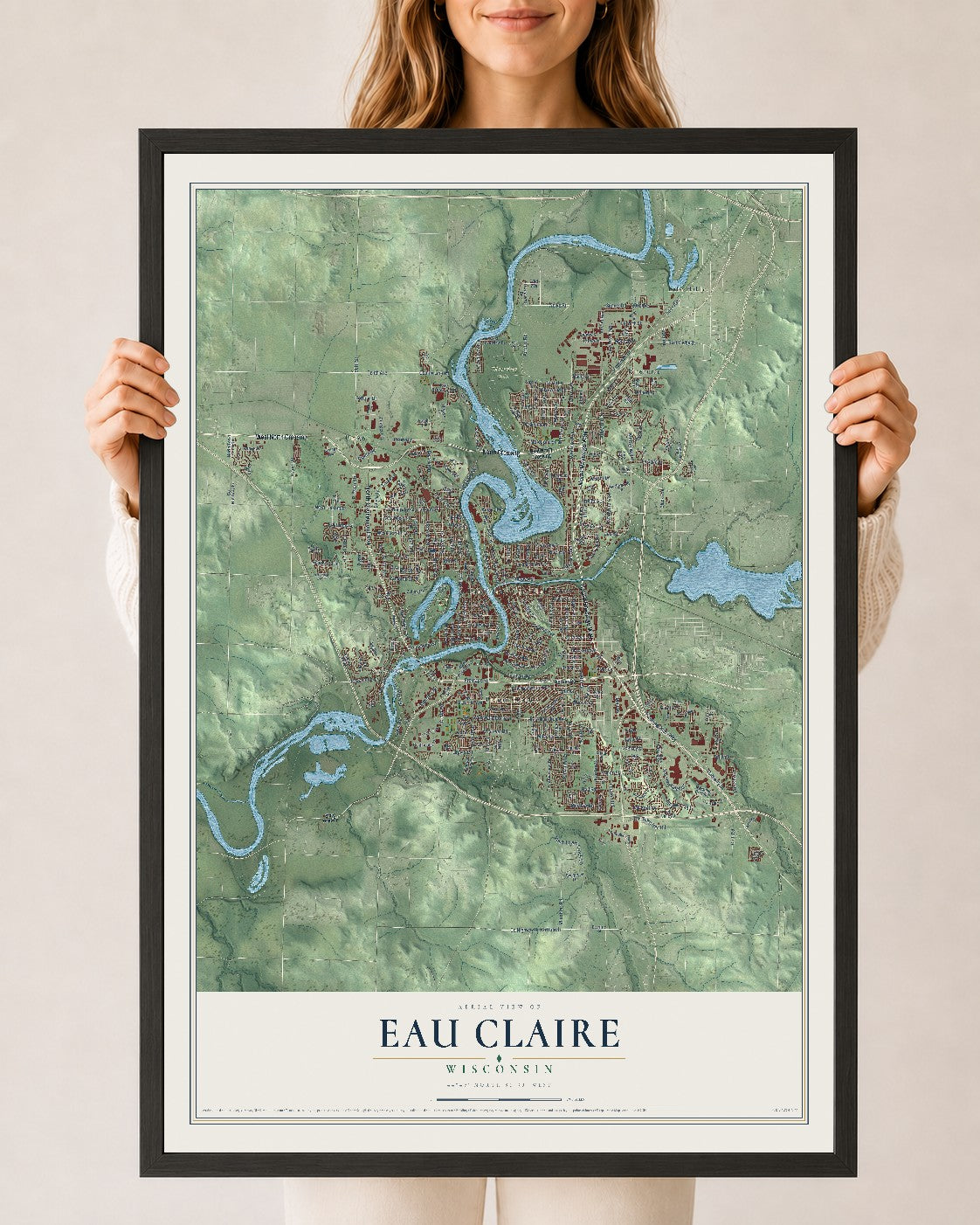 Map of Eau Claire, Wisconsin, 24 x 36 inch print in a black wood frame