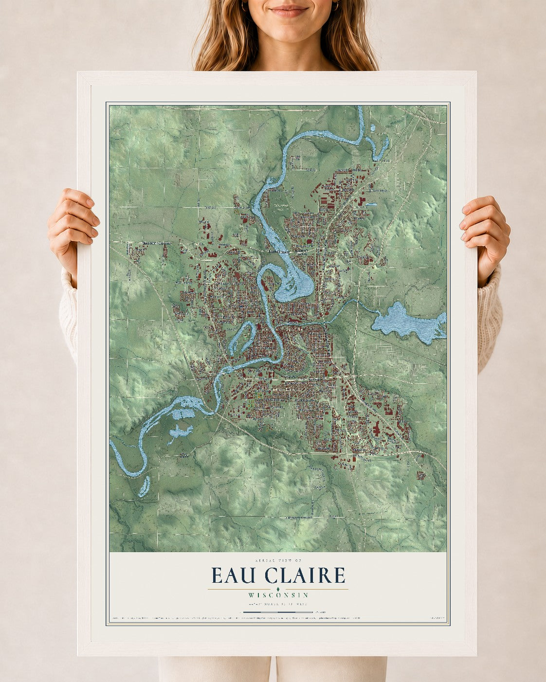 Map of Eau Claire, Wisconsin, 24 x 36 inch print in a white wood frame