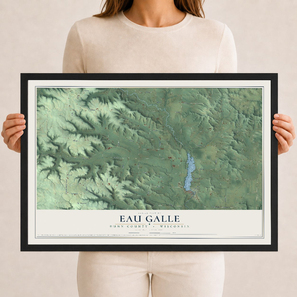 Map of Eau Galle, Dunn County, Wisconsin, 12 x 18 inch print in a black wood frame