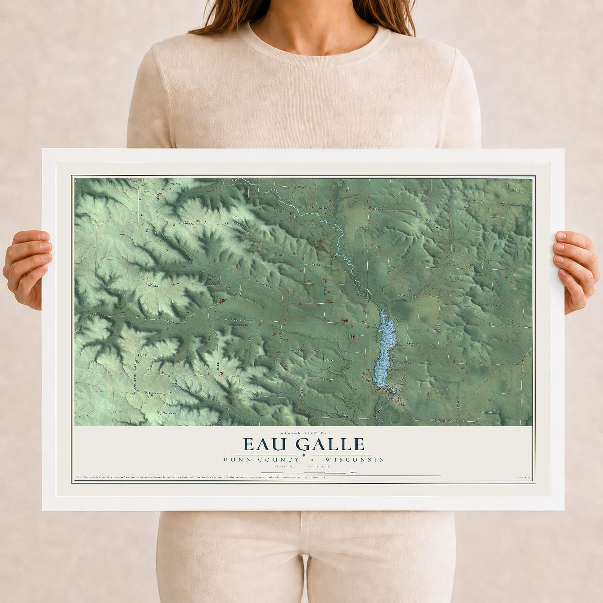 Map of Eau Galle, Dunn County, Wisconsin, 12 x 18 inch print in a white wood frame
