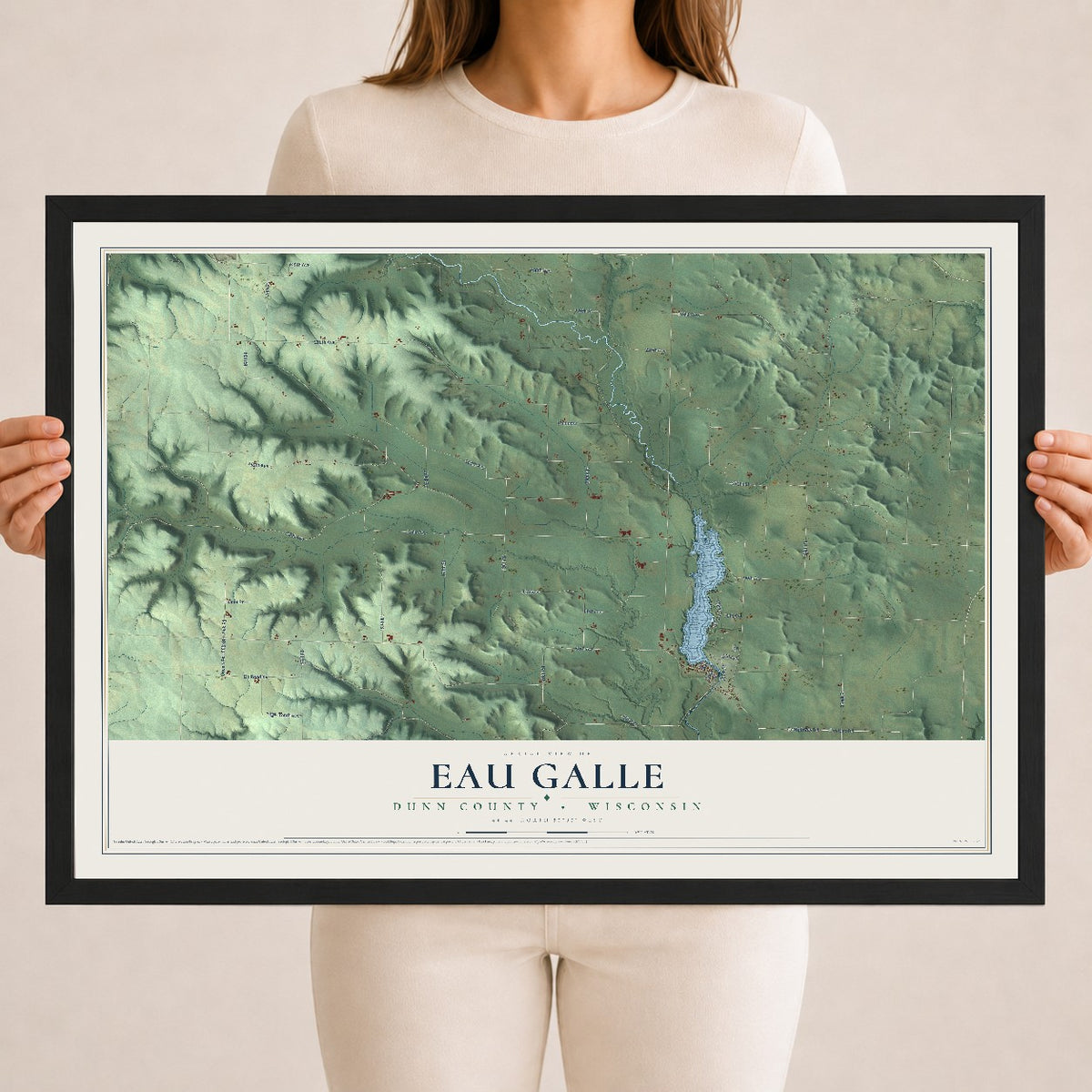 Map of Eau Galle, Dunn County, Wisconsin, 18 x 24 inch print in a black wood frame
