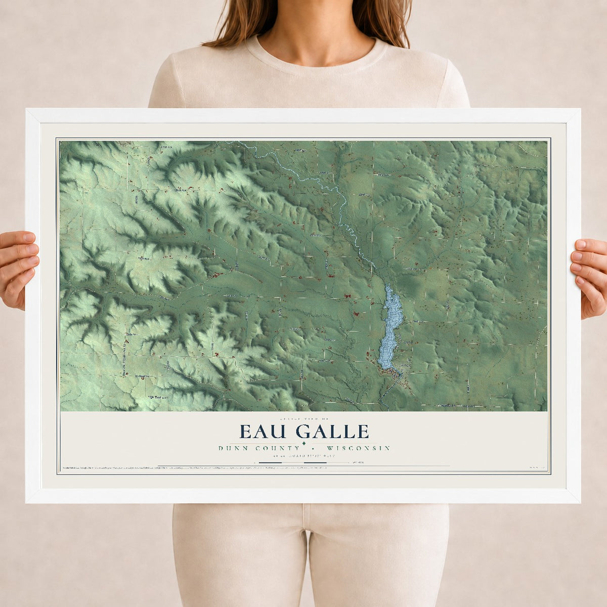 Map of Eau Galle, Dunn County, Wisconsin, 18 x 24 inch print in a white wood frame