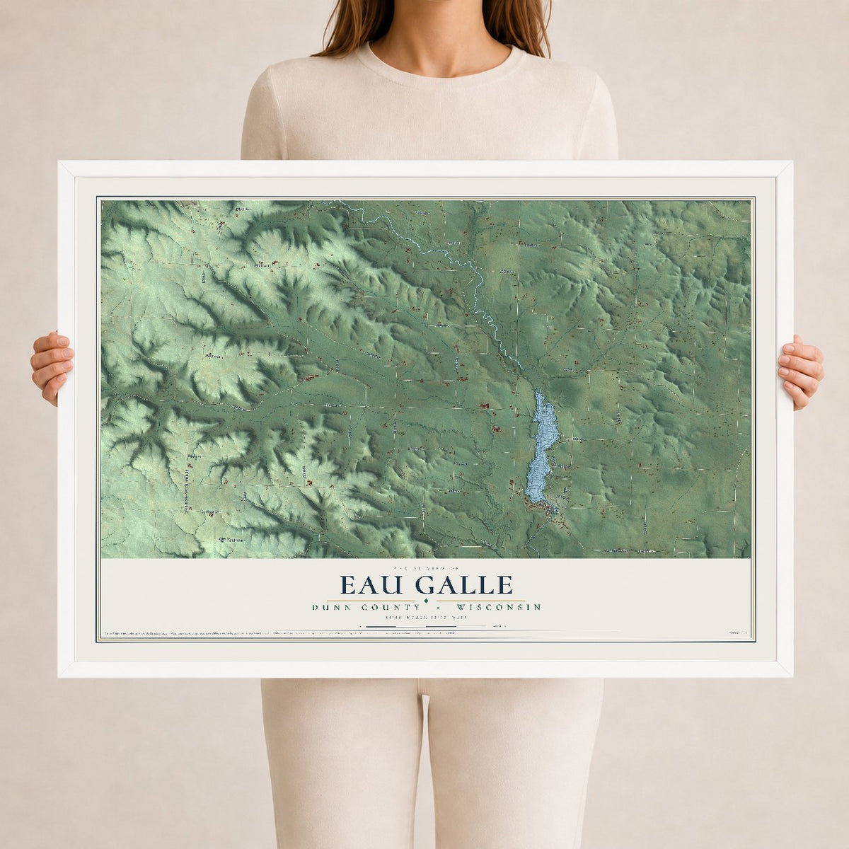 Map of Eau Galle, Dunn County, Wisconsin, 24 x 36 inch print in a white wood frame