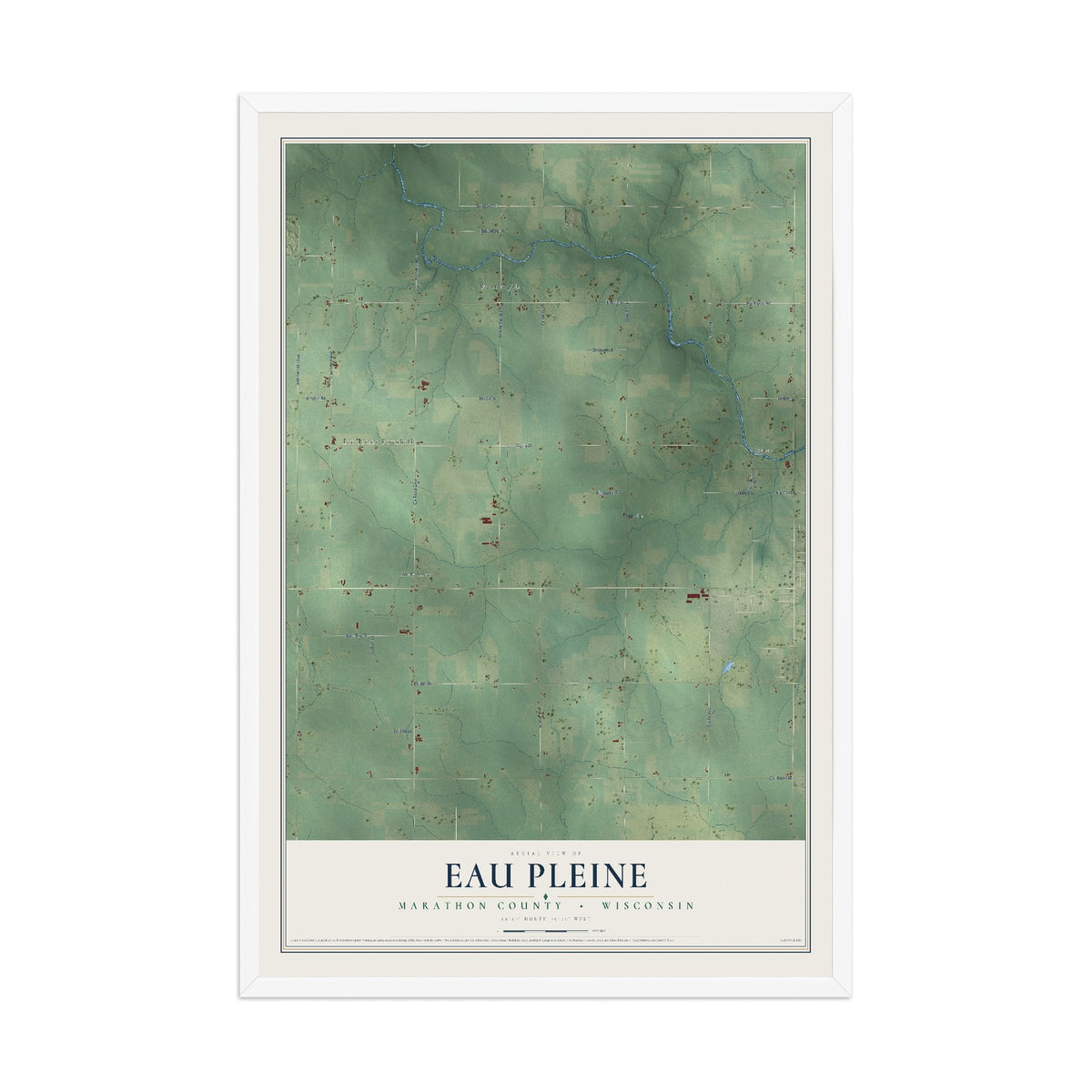 Map of Eau Pleine, Marathon County, Wisconsin, 12 x 18 inch print in a white wood frame