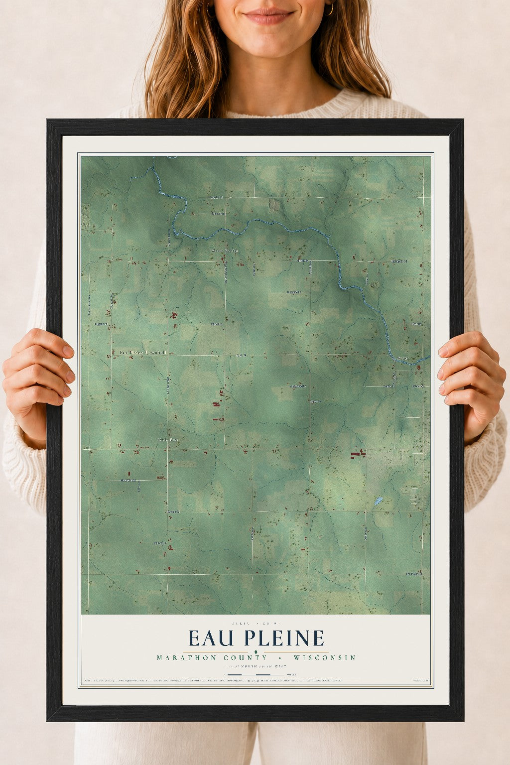 Map of Eau Pleine, Marathon County, Wisconsin, 18 x 24 inch print in a black wood frame