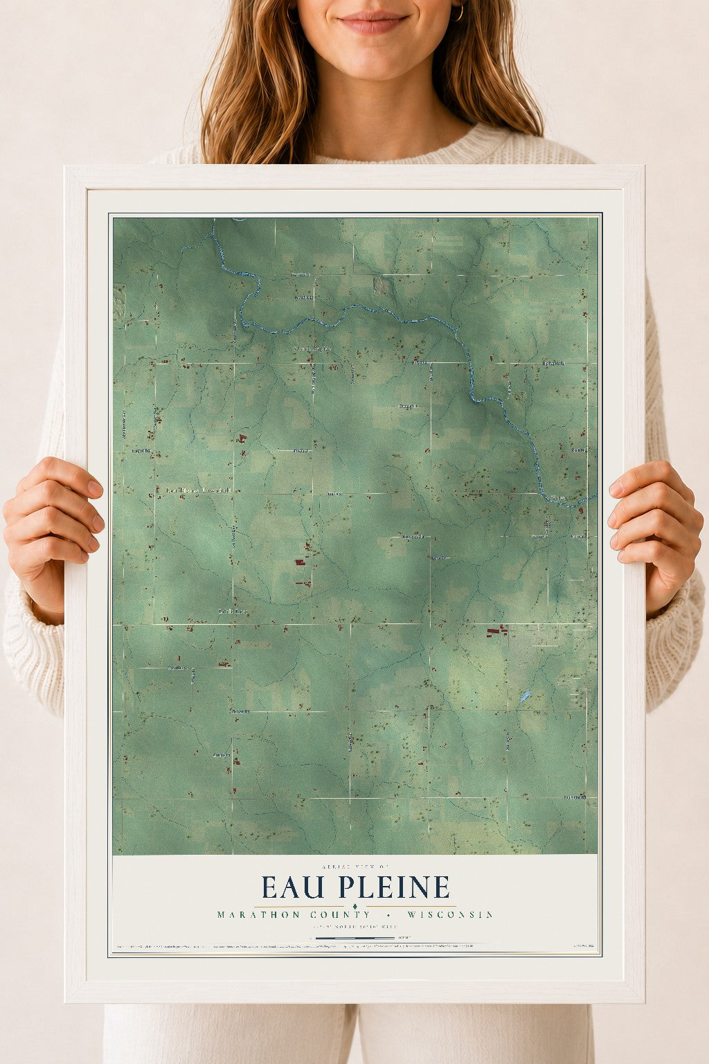 Map of Eau Pleine, Marathon County, Wisconsin, 18 x 24 inch print in a white wood frame