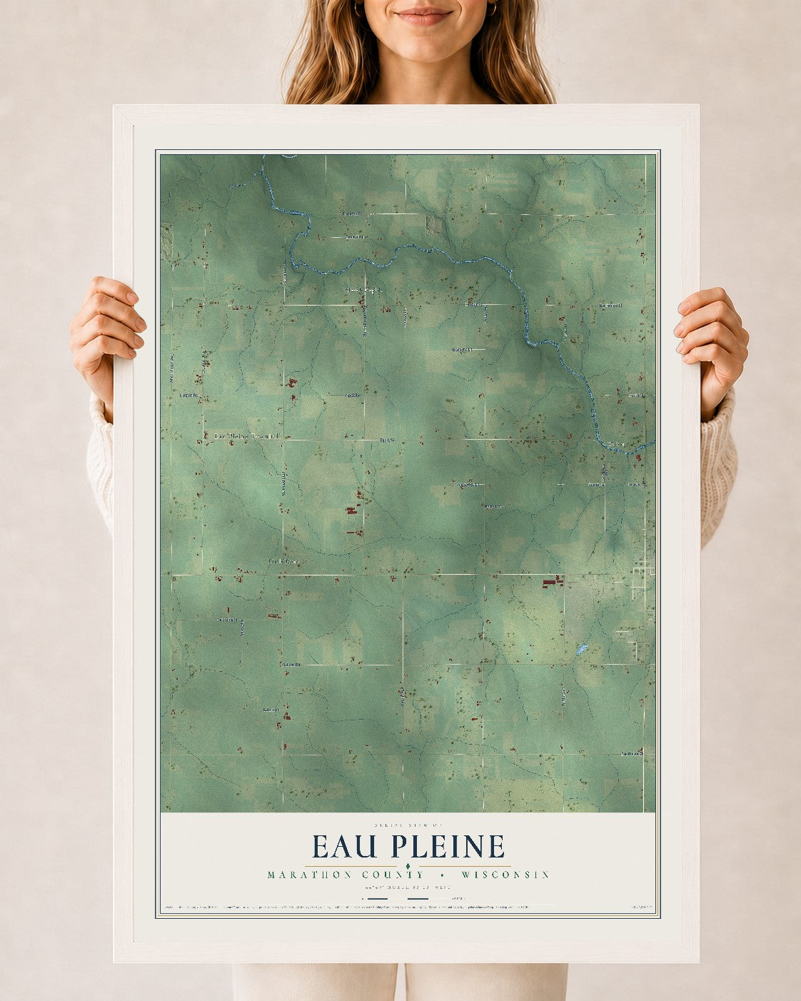 Map of Eau Pleine, Marathon County, Wisconsin, 24 x 36 inch print in a white wood frame