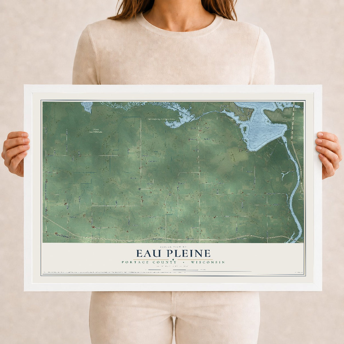 Map of Eau Pleine, Portage County, Wisconsin, 12 x 18 inch print in a white wood frame