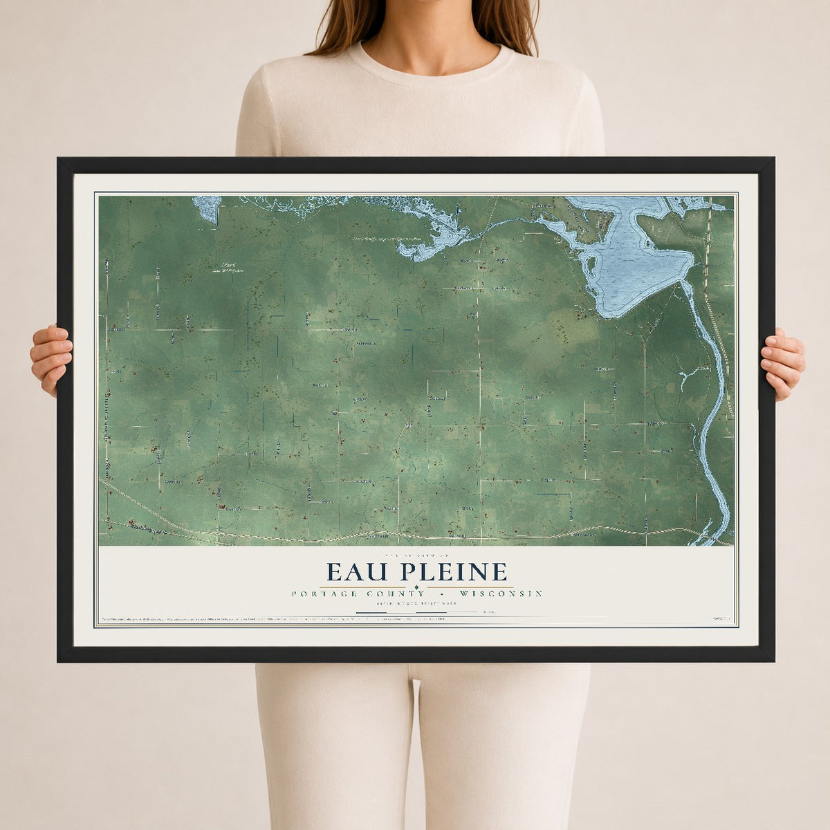 Map of Eau Pleine, Portage County, Wisconsin, 24 x 36 inch print in a black wood frame