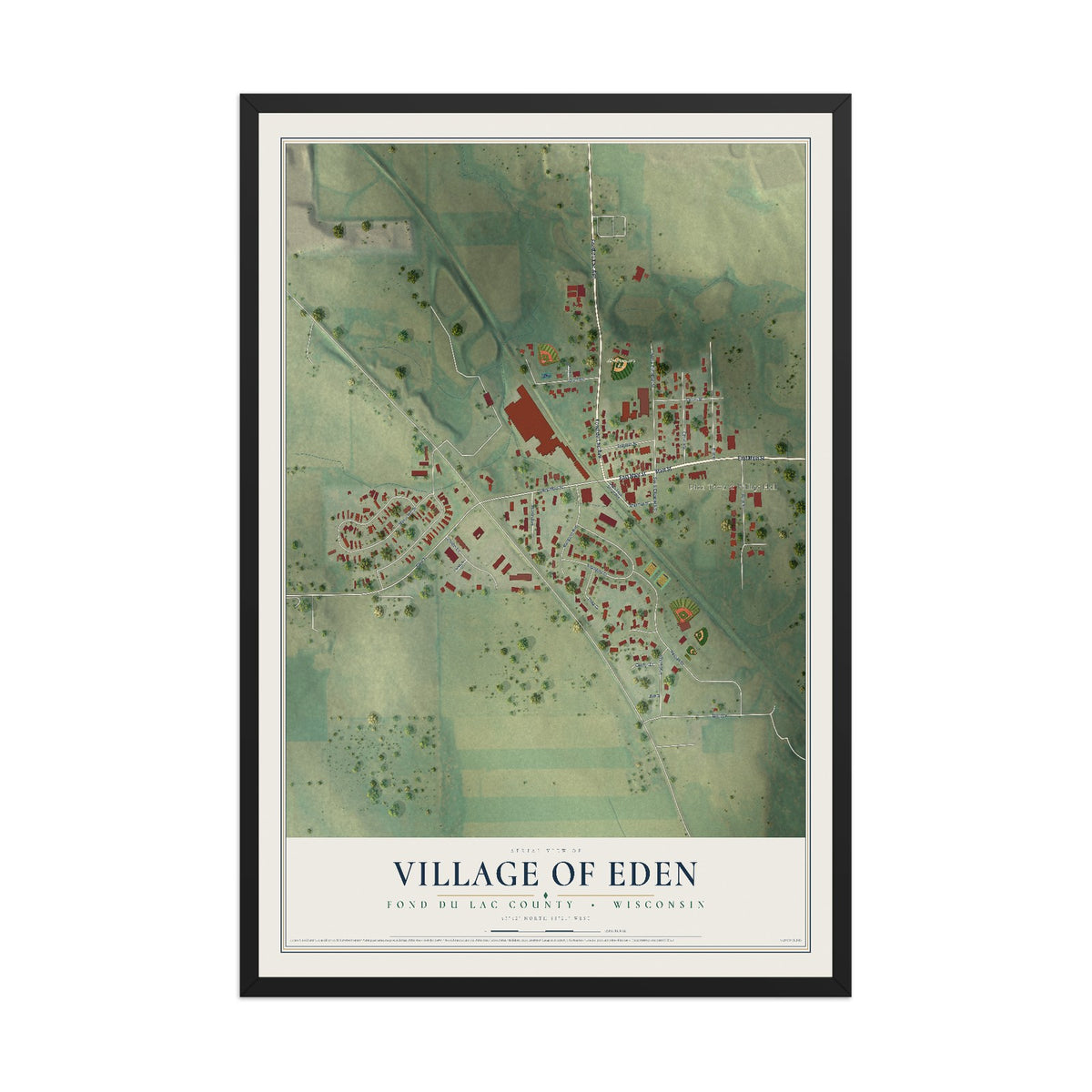 Map of Eden, Wisconsin, 12 x 18 inch print in a black wood frame