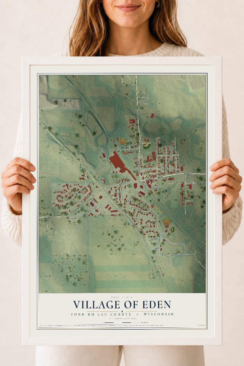 Map of Eden, Wisconsin, 18 x 24 inch print in a white wood frame