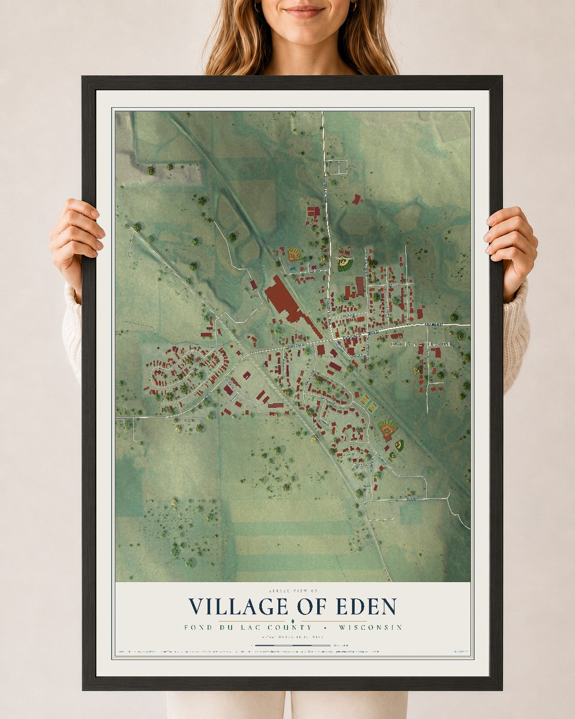 Map of Eden, Wisconsin, 24 x 36 inch print in a black wood frame