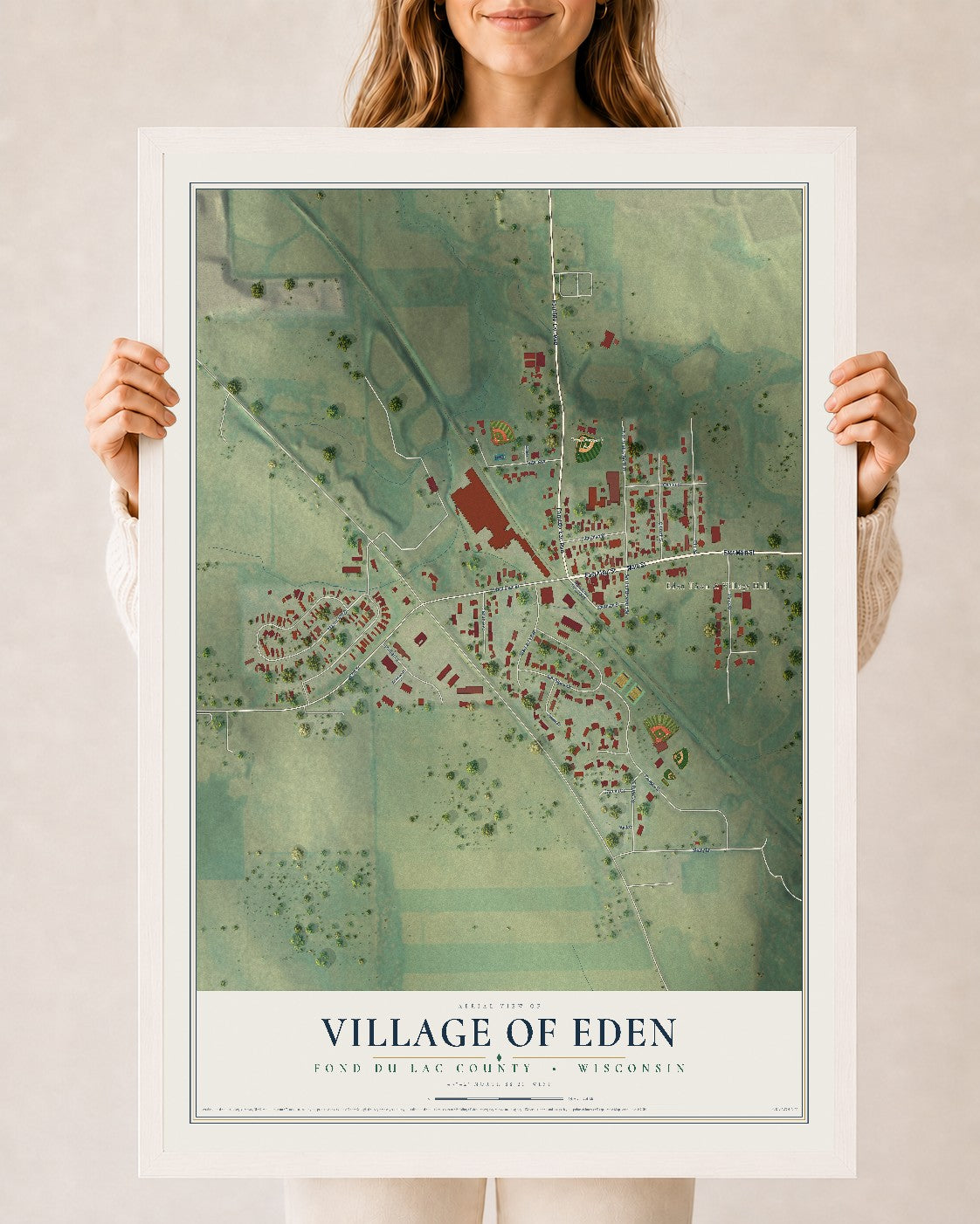 Map of Eden, Wisconsin, 24 x 36 inch print in a white wood frame