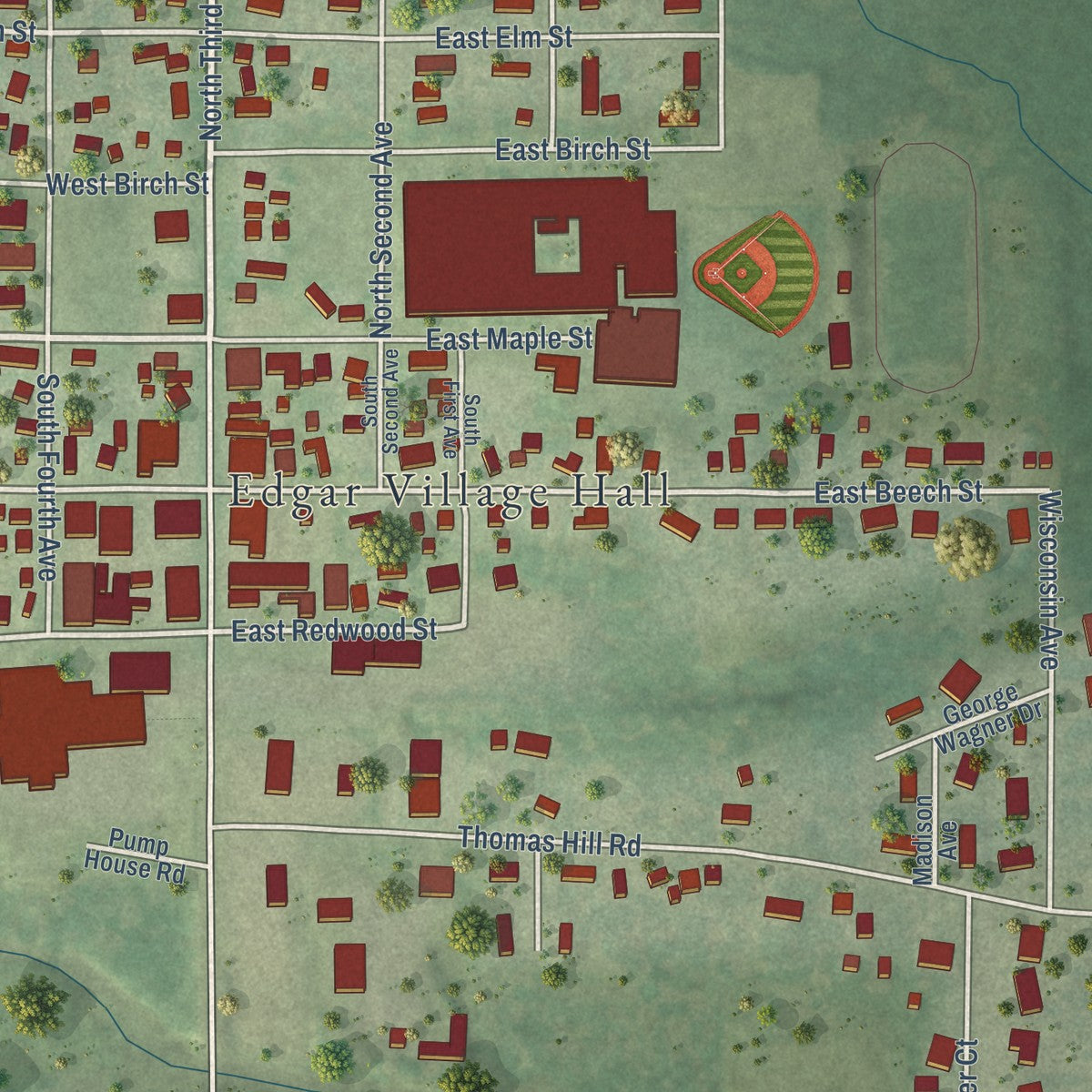 Close-up of the map of Edgar, Wisconsin print showing street and building detail